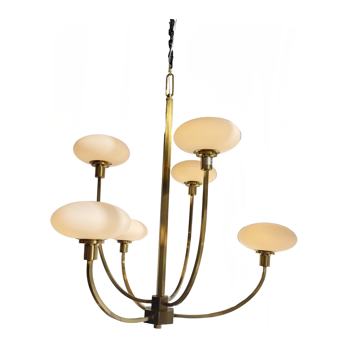 Ginhall chandelier with arched metal arms and opaline glass shades