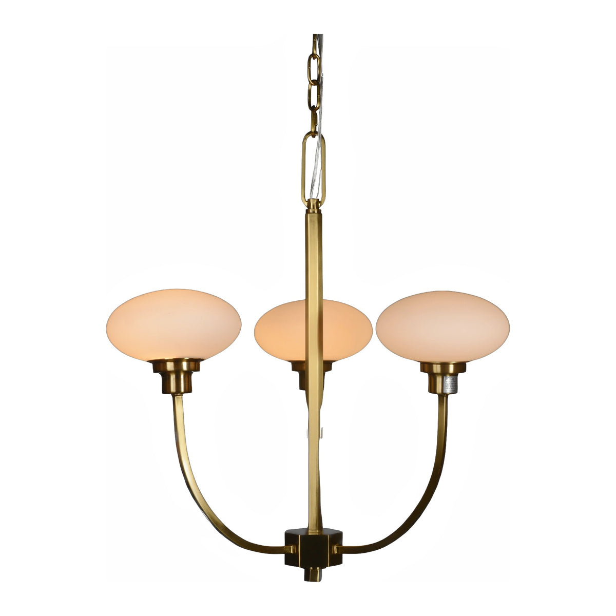 Wegnalls three-arm brass chandelier with opaline glass shades