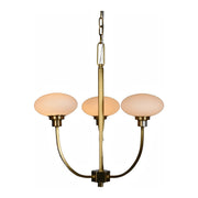 Wegnalls three-arm brass chandelier with opaline glass shades