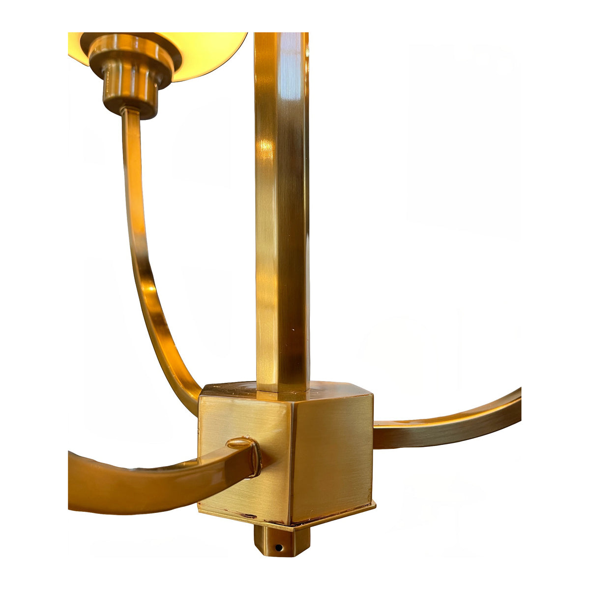 Wegnalls three-arm brass chandelier with opaline glass shades