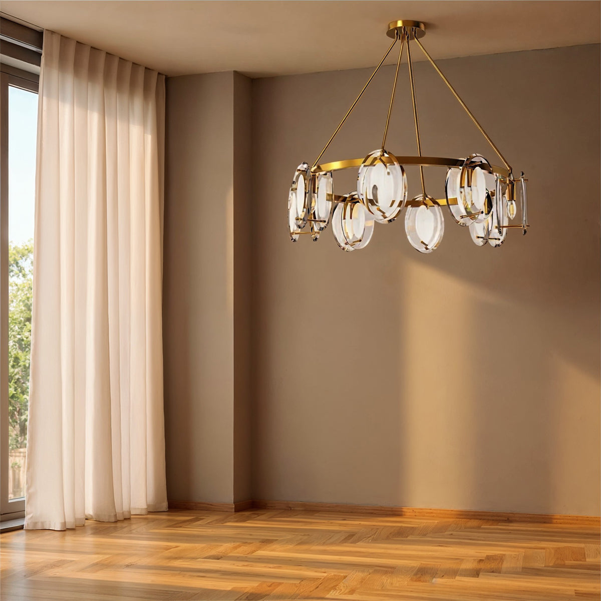 Ryelands chandelier with clear glass discs around a circular metal ring