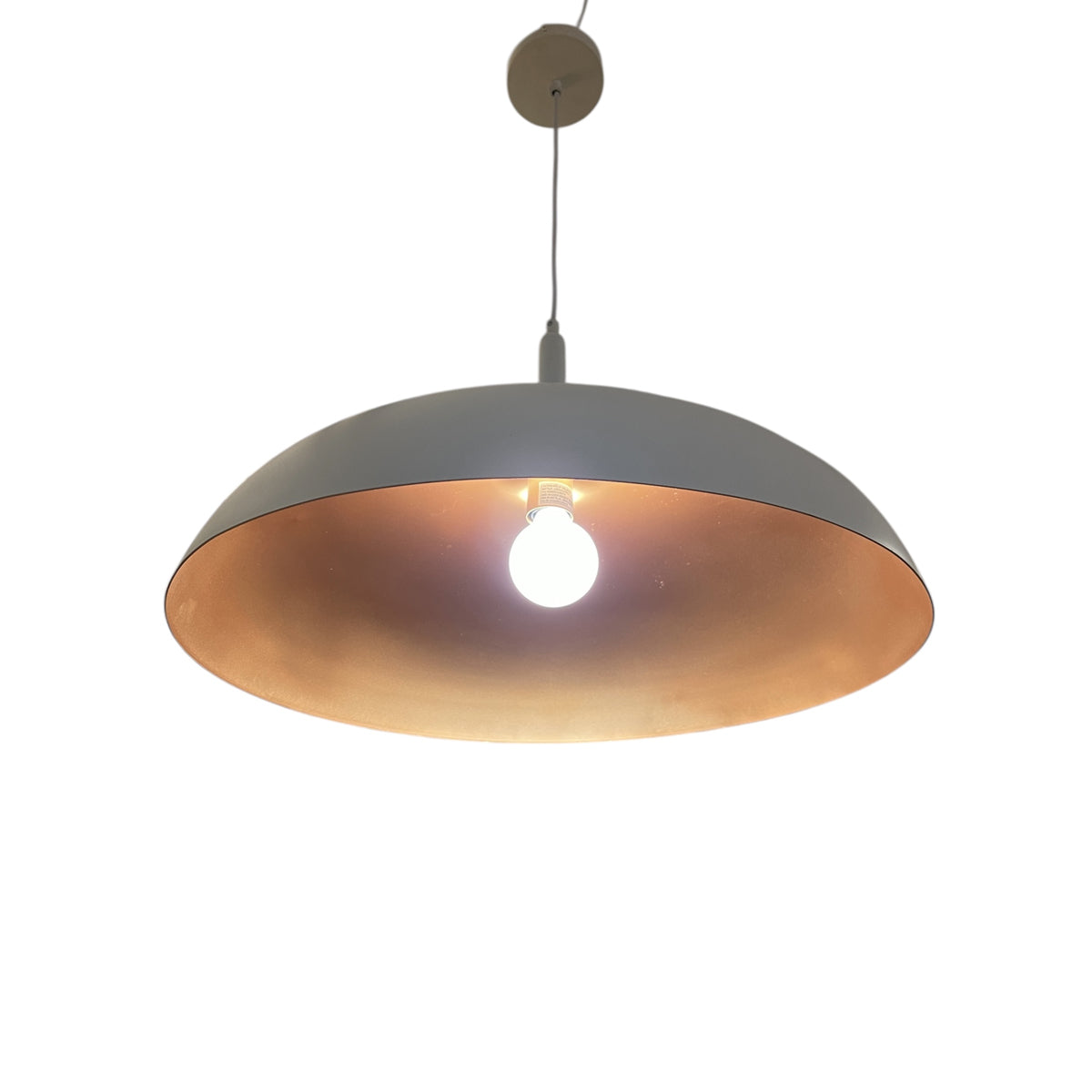 Hopyard chandelier with broad curved white dome shade