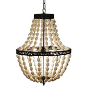 Small empire chandelier with vertical wooden bead strands in tapered shape