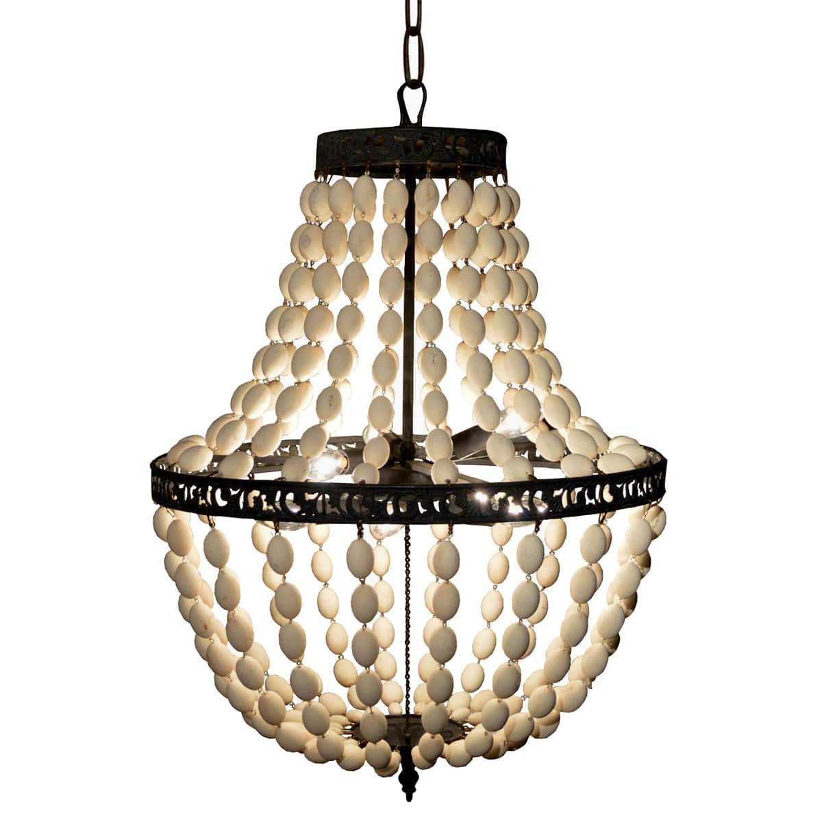 Small empire chandelier with vertical wooden bead strands in tapered shape