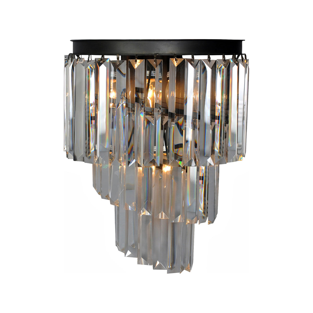 Wall sconce with tiered cascading optic crystals on circular metal mount