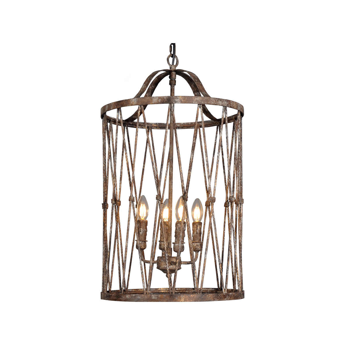 Tall diamond-form hanging lantern in antiqued iron