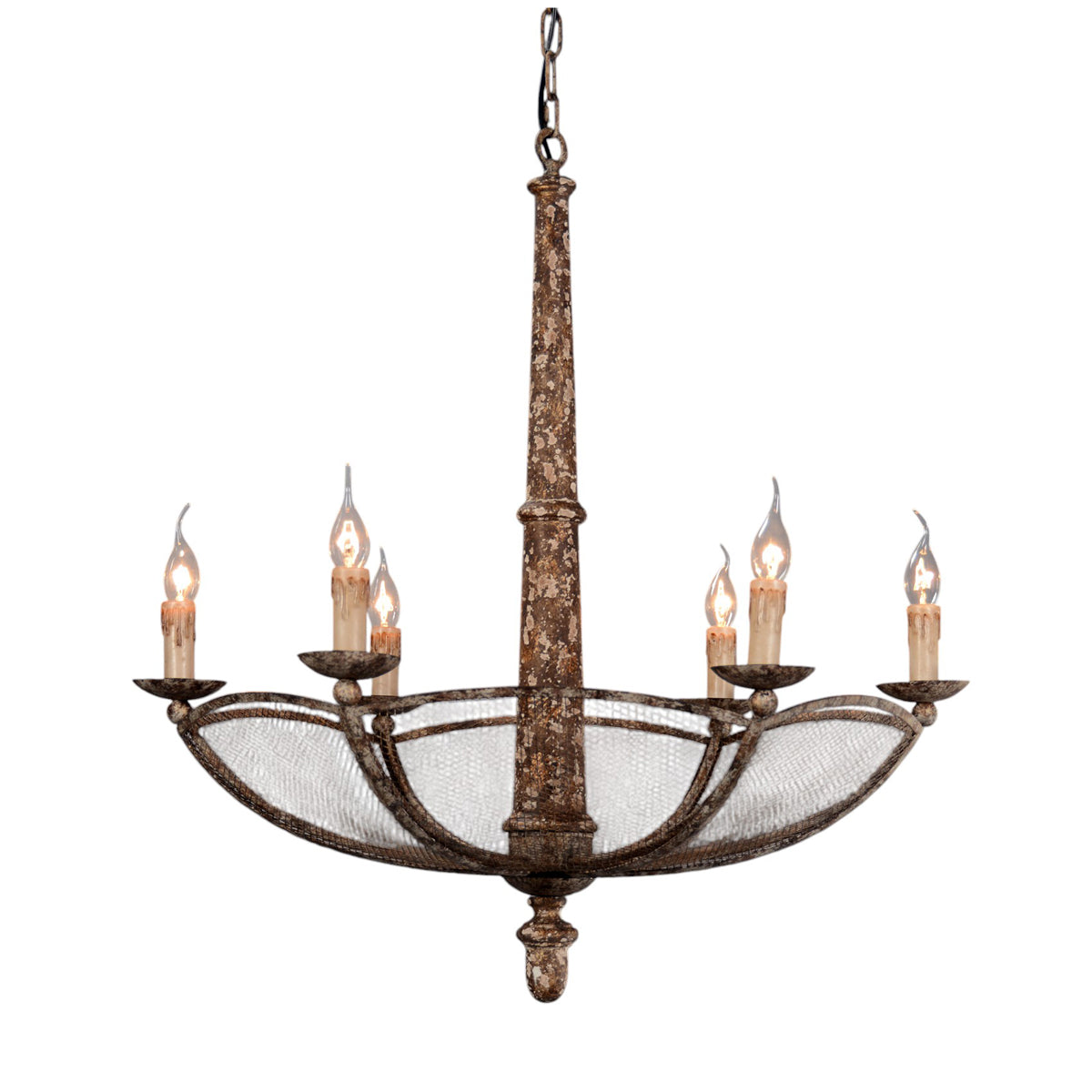 Arez lantern chandelier with candle lights and mesh base in antique rust