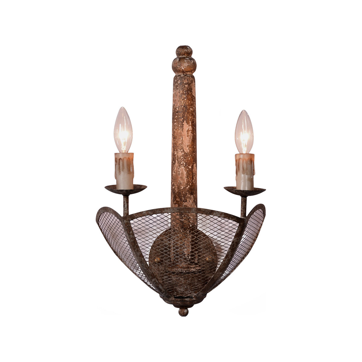 Arez wall lantern with vertical frame and curved wire mesh in antique rust