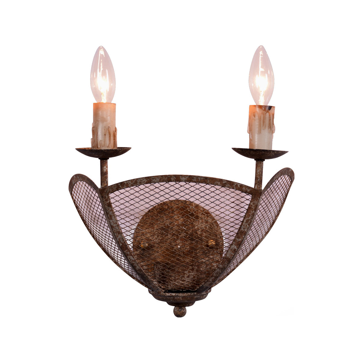 Arez double wall sconce with curved wire mesh in antique rust finish