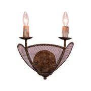 Arez double wall sconce with curved wire mesh in antique rust finish