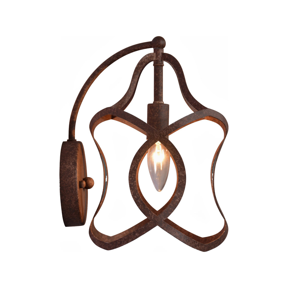 Selma hanging wall lantern with intersecting metal bands in antique rust