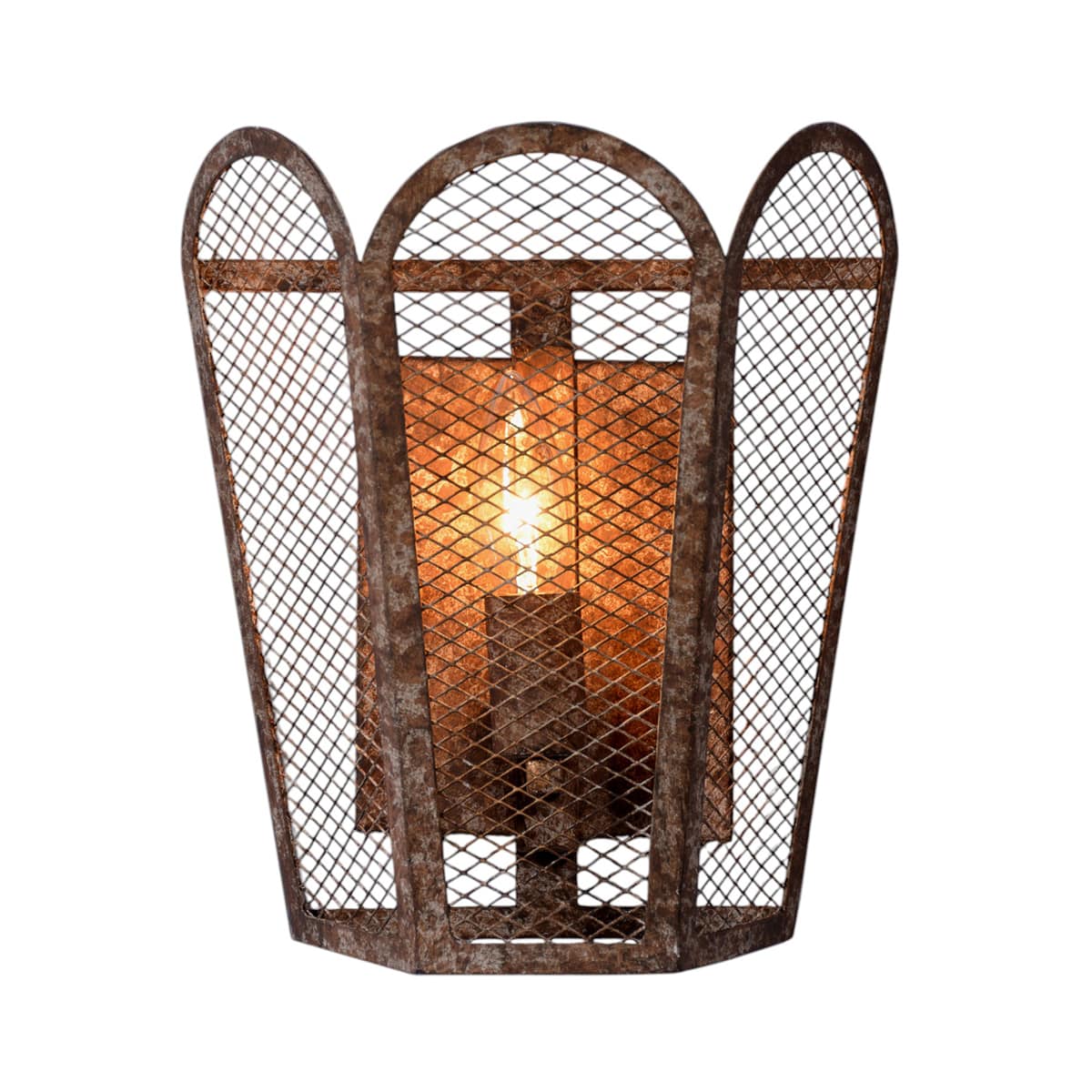 Scalloped iron mesh wall lantern with shaped frame and time-worn finish
