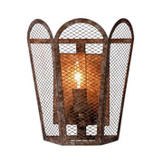 Scalloped iron mesh wall lantern with shaped frame and time-worn finish