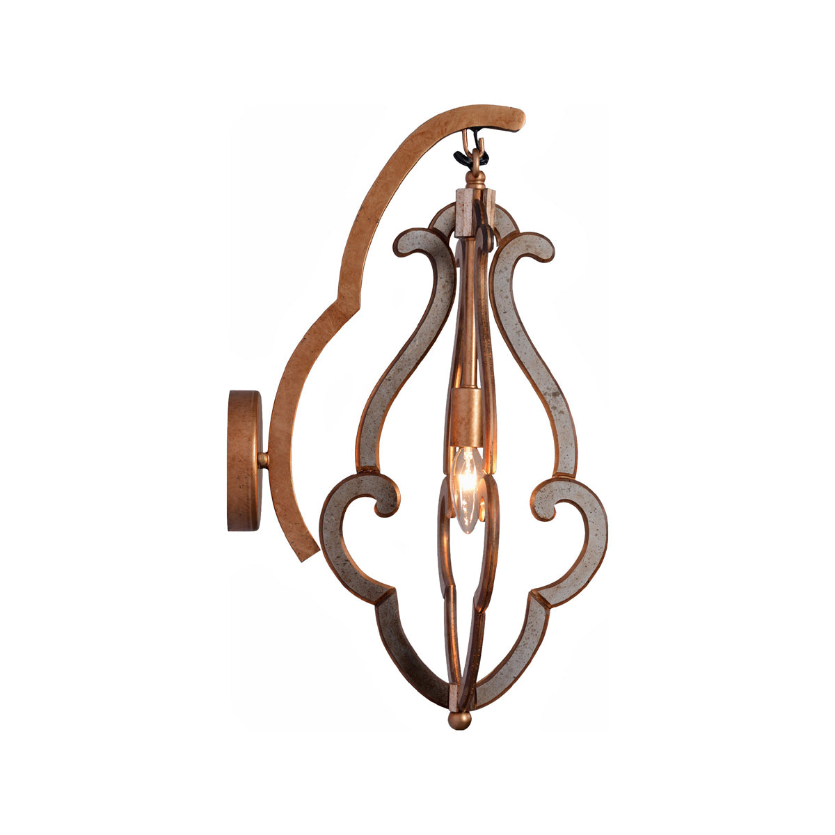 Serra wall sconce with layered open metal frame in mirrored distressed gold