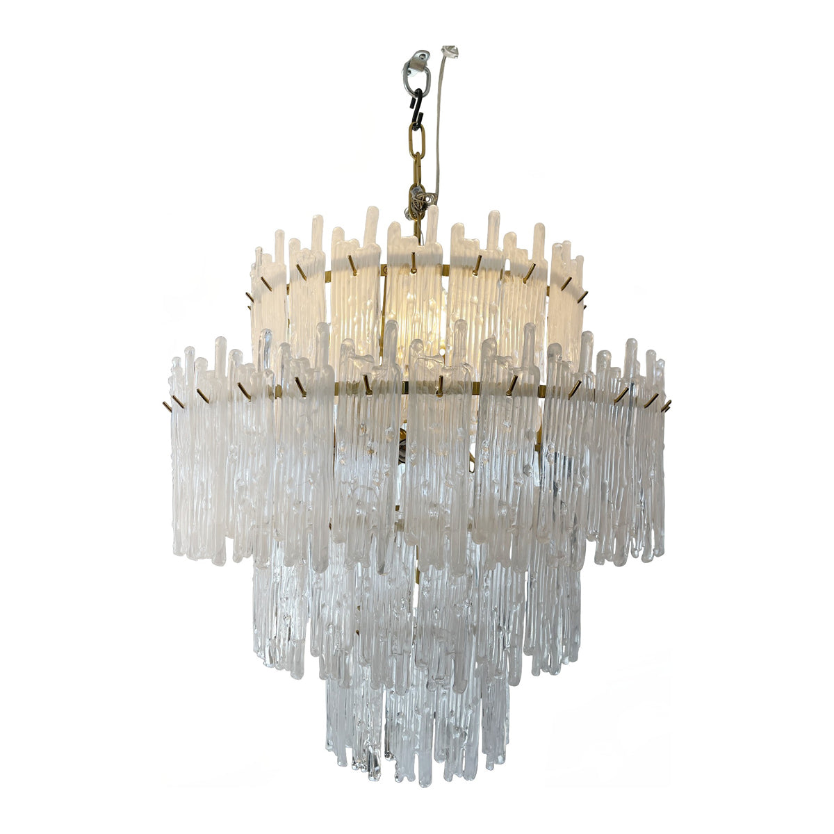 Bargates brass chandelier with stepped tiers of suspended glass elements