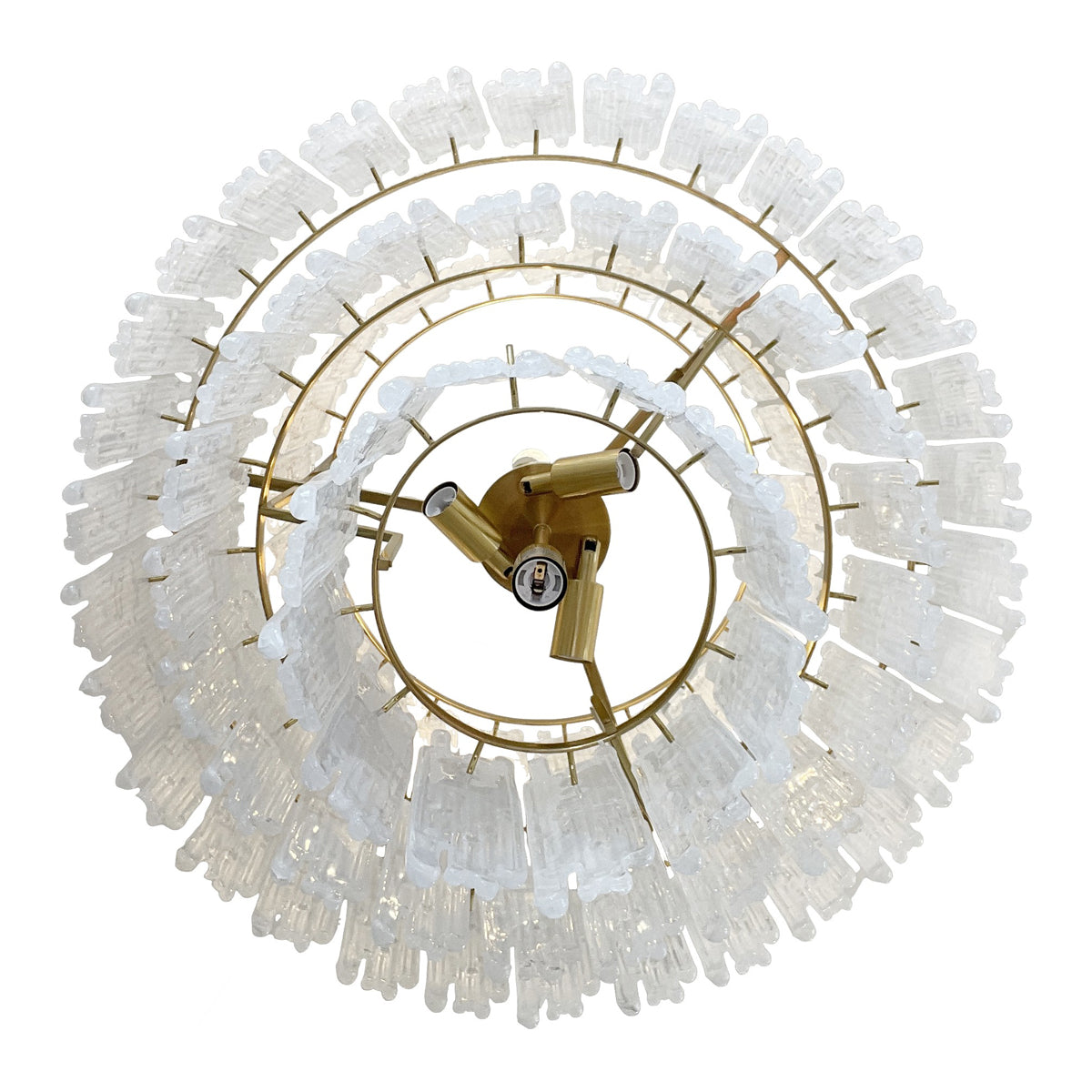 Bargates brass chandelier with stepped tiers of suspended glass elements