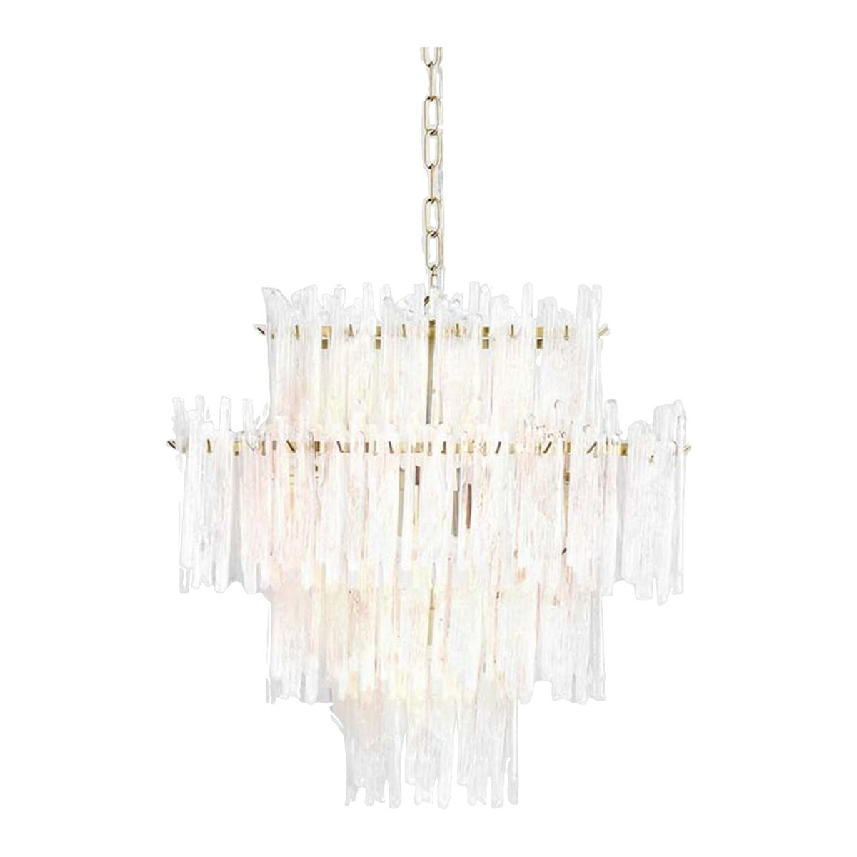 Lacy brass chandelier with dense stepped tiers of suspended glass elements