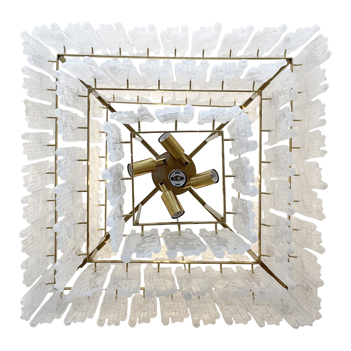 Lacy brass chandelier with dense stepped tiers of suspended glass elements