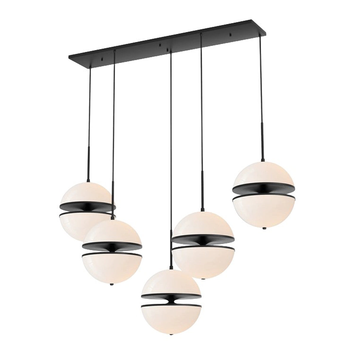 Westcroft linear chandelier with staggered spherical glass shades in matte black