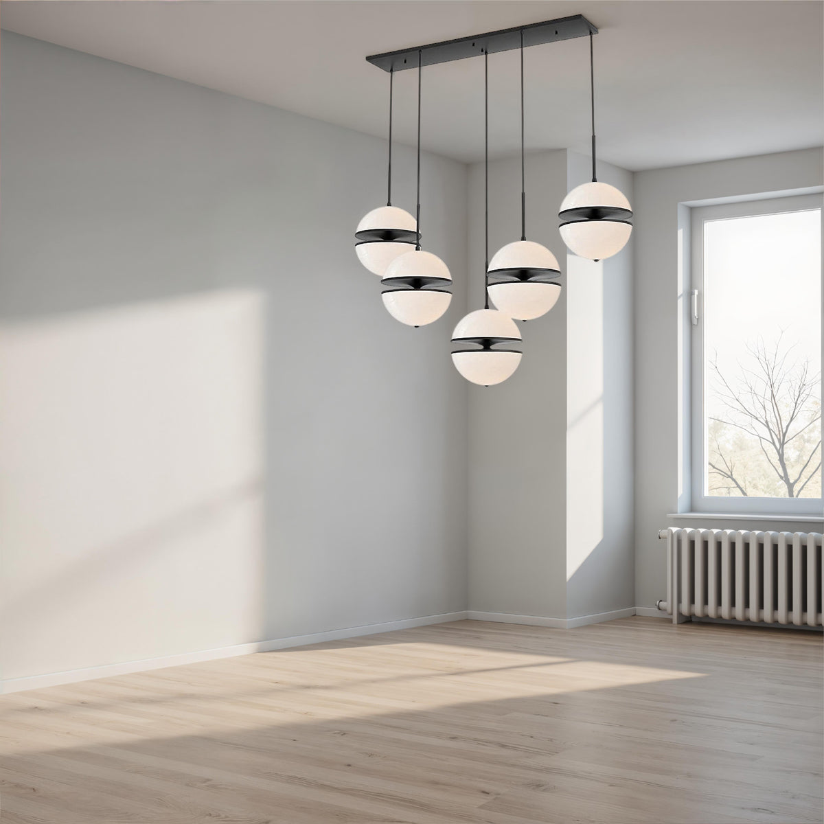 Westcroft linear chandelier with staggered spherical glass shades in matte black