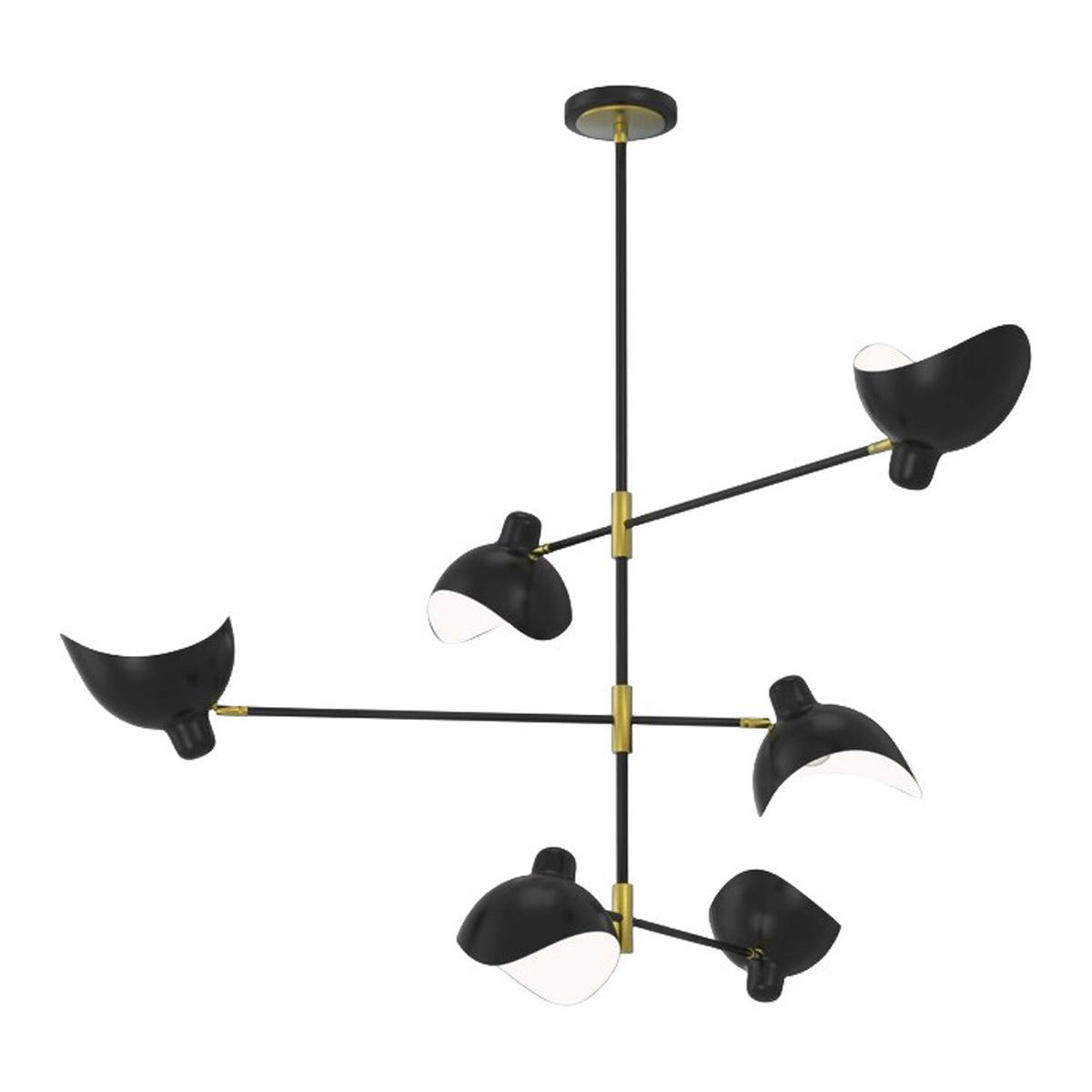 Robins chandelier with extended arms holding matte black shades, gold accents