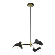 Portna compact chandelier with short arms holding matte black shades, brass