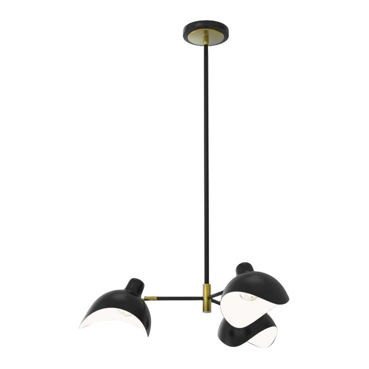 Portna compact chandelier with short arms holding matte black shades, brass