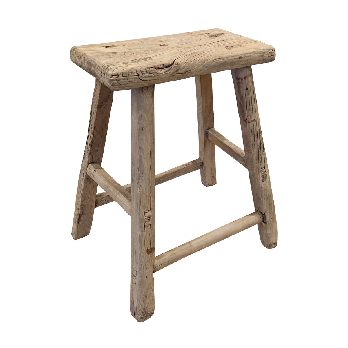 Reclaimed bleached elm stool with a thick plank seat on angled legs
