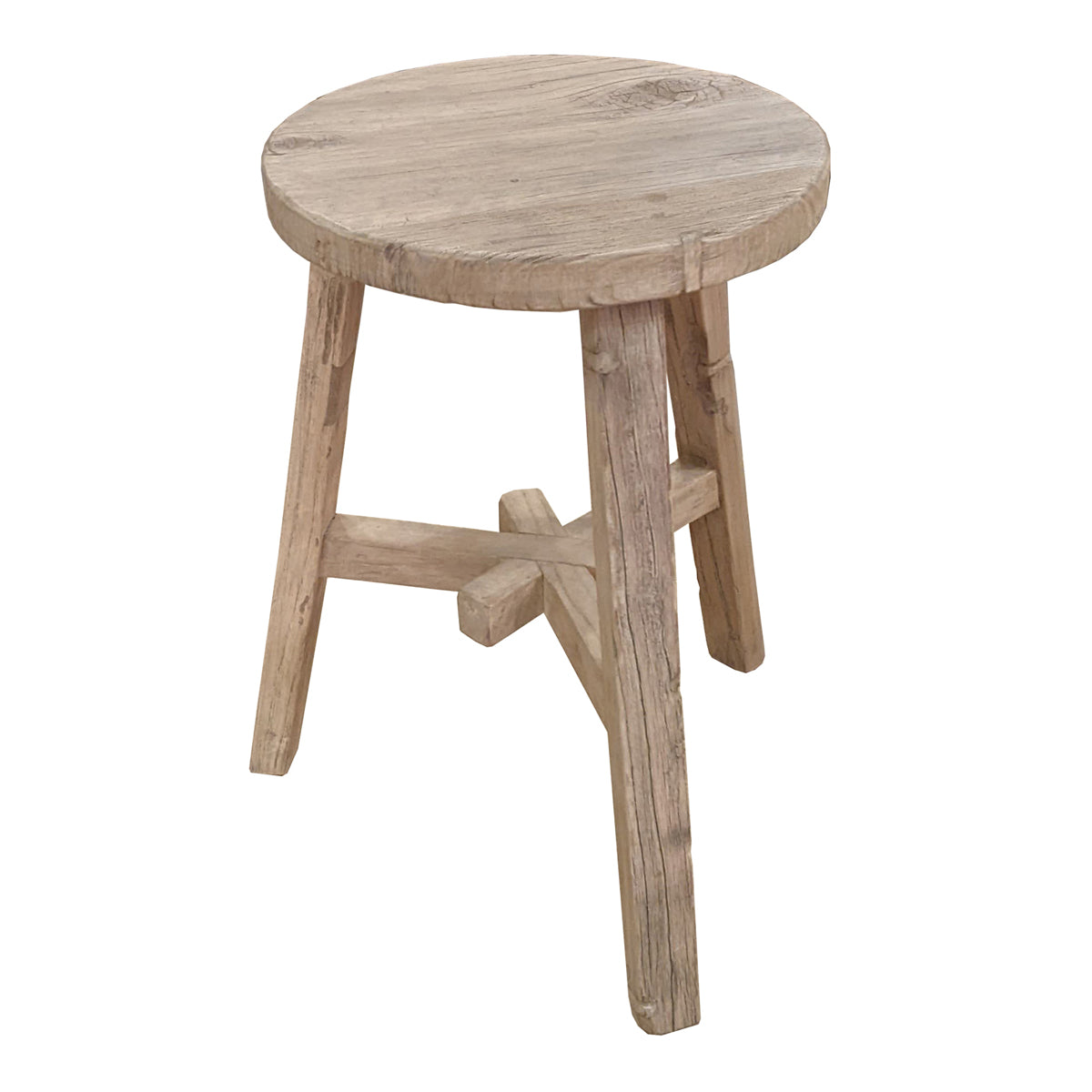 Round reclaimed bleached elm stool on angled legs