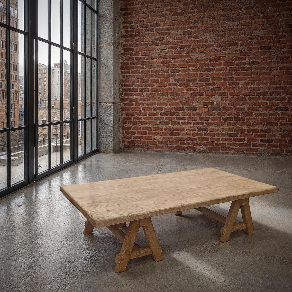 Bleached reclaimed elm coffee table on an A-frame base