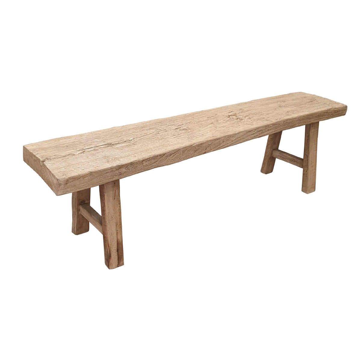 Bleached reclaimed elm bench with a thick continuous seat.