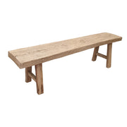 Bleached reclaimed elm bench with a thick continuous seat.
