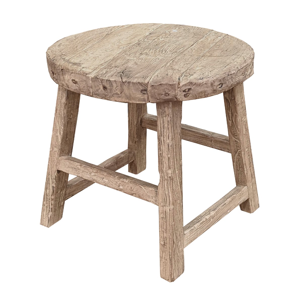Round bleached reclaimed elm side table on straight legs and stretchers