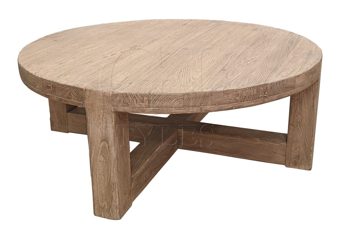 Round bleached elm coffee table on a chunky cross base