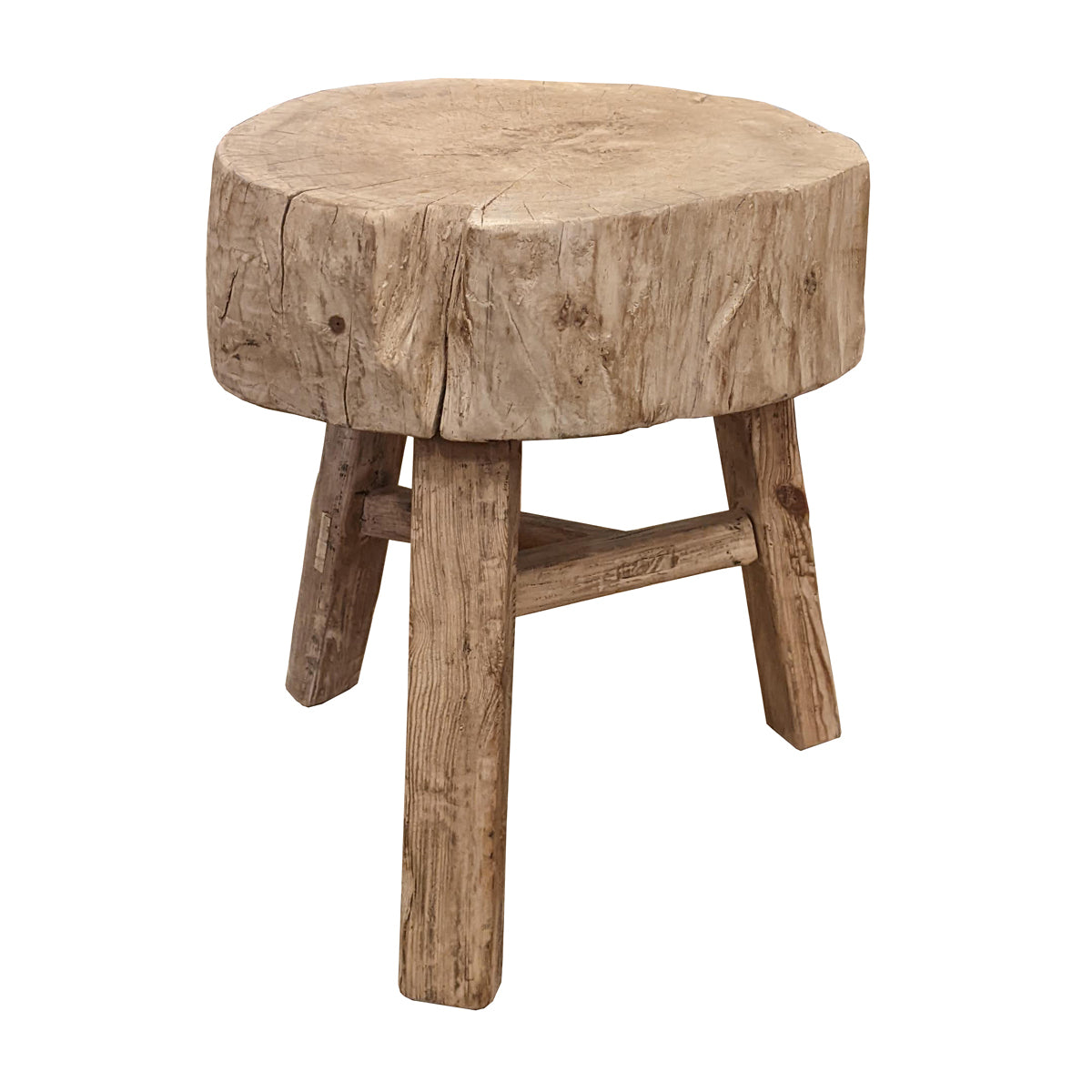 Live-edge reclaimed elm side table with thick top on a solid base