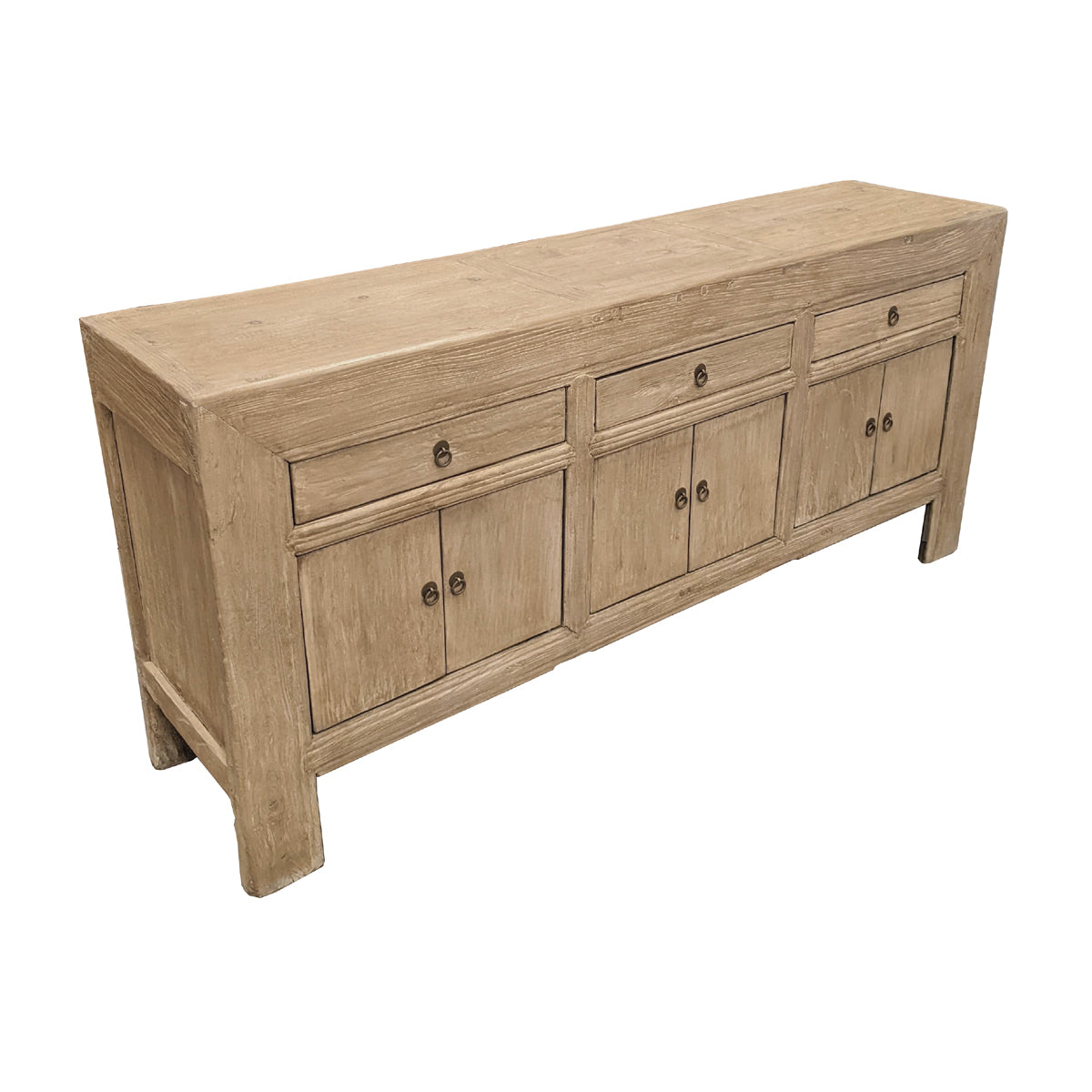 Bleached reclaimed elm sideboard with three drawers over six paneled doors