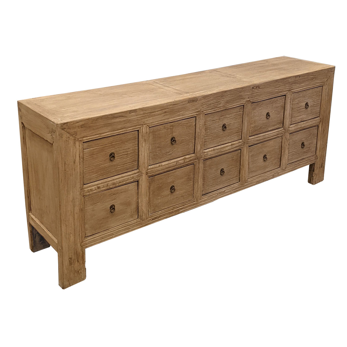 Bleached reclaimed elm cabinet with ten drawers in a grid arrangement