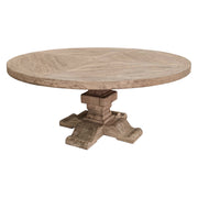 Large round bleached elm dining table on a solid pedestal base