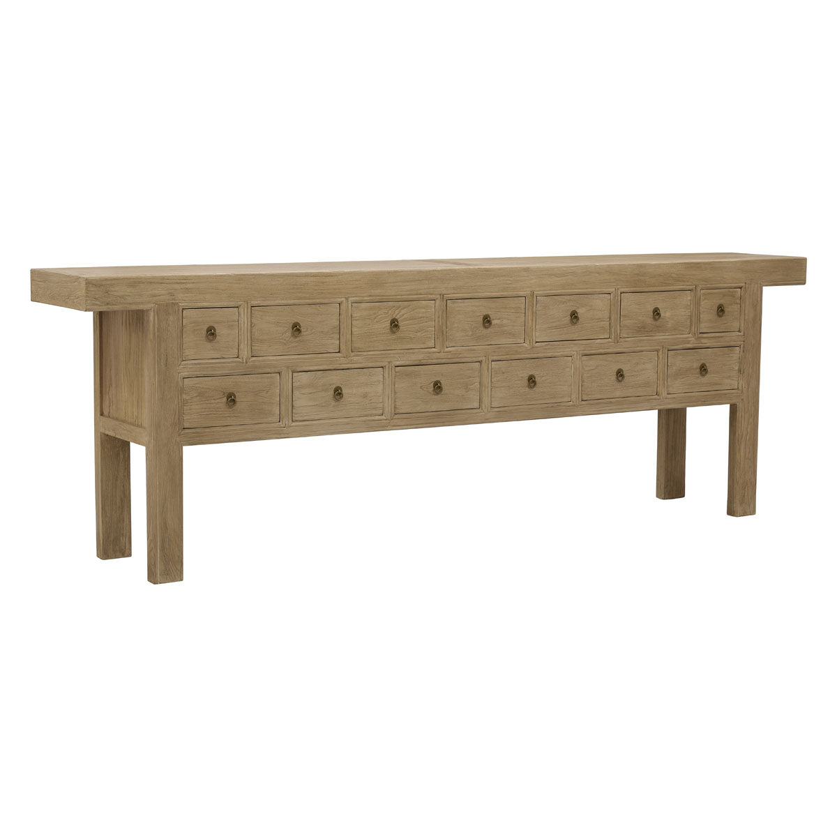 Bleached reclaimed elm console table with thirteen drawers