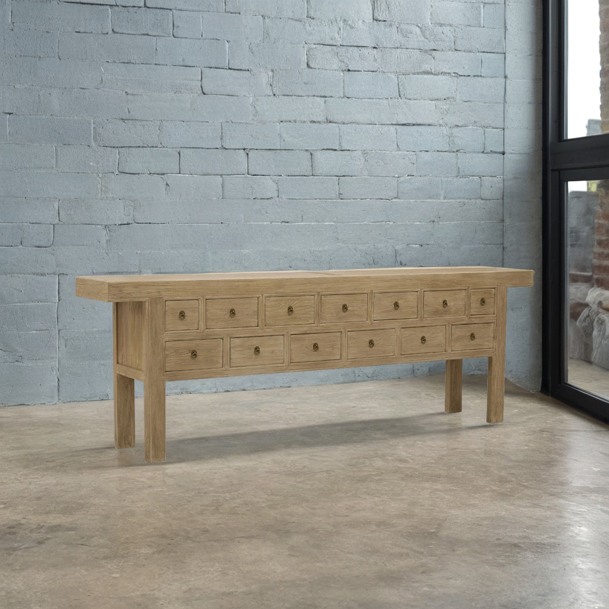 Bleached reclaimed elm console table with thirteen drawers