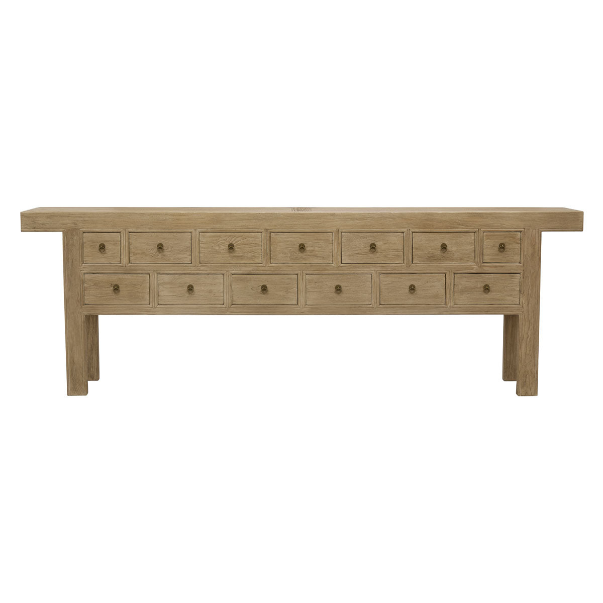 Bleached reclaimed elm console table with thirteen drawers