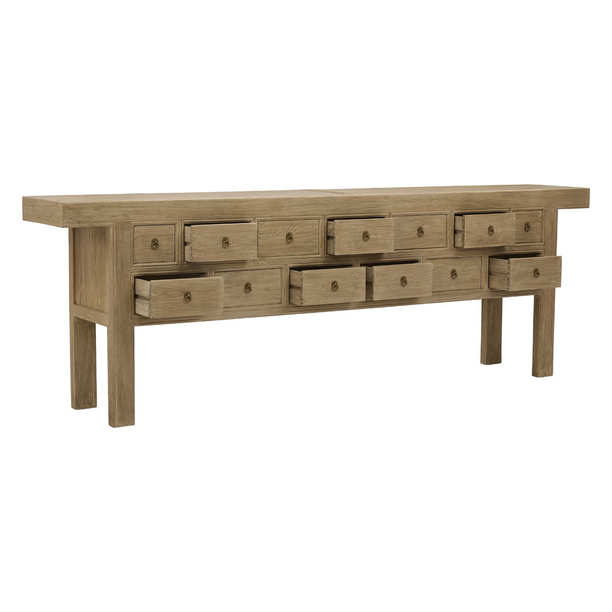 Bleached reclaimed elm console table with thirteen drawers