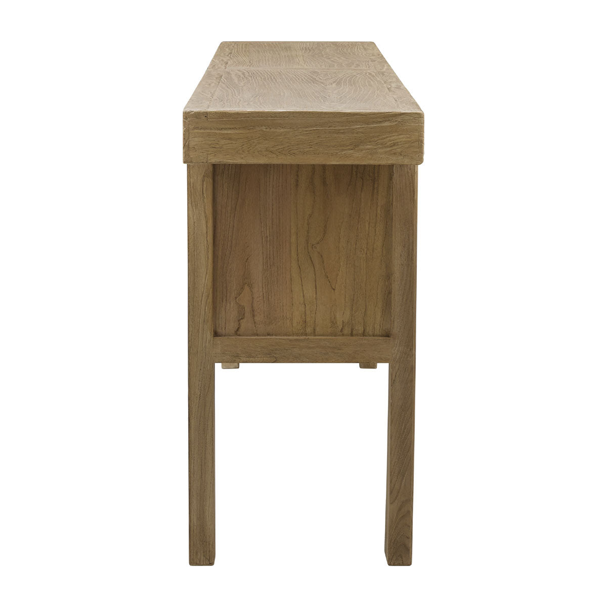 Bleached reclaimed elm console table with thirteen drawers
