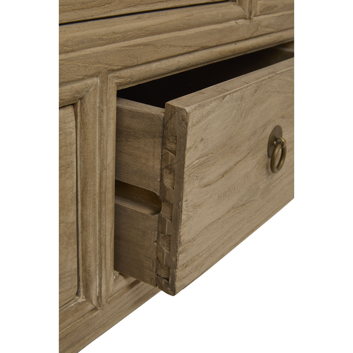 Bleached reclaimed elm console table with thirteen drawers