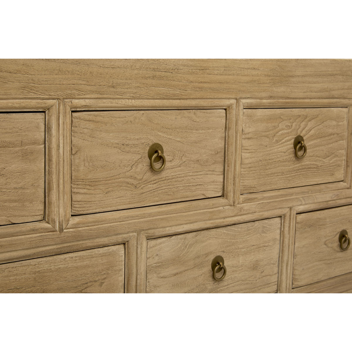 Bleached reclaimed elm console table with thirteen drawers