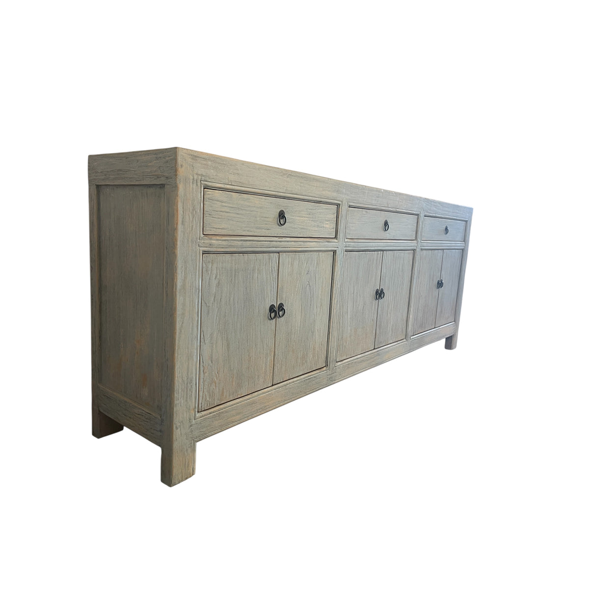 Old reclaimed pine sideboard with drawers over paneled doors in antique blue