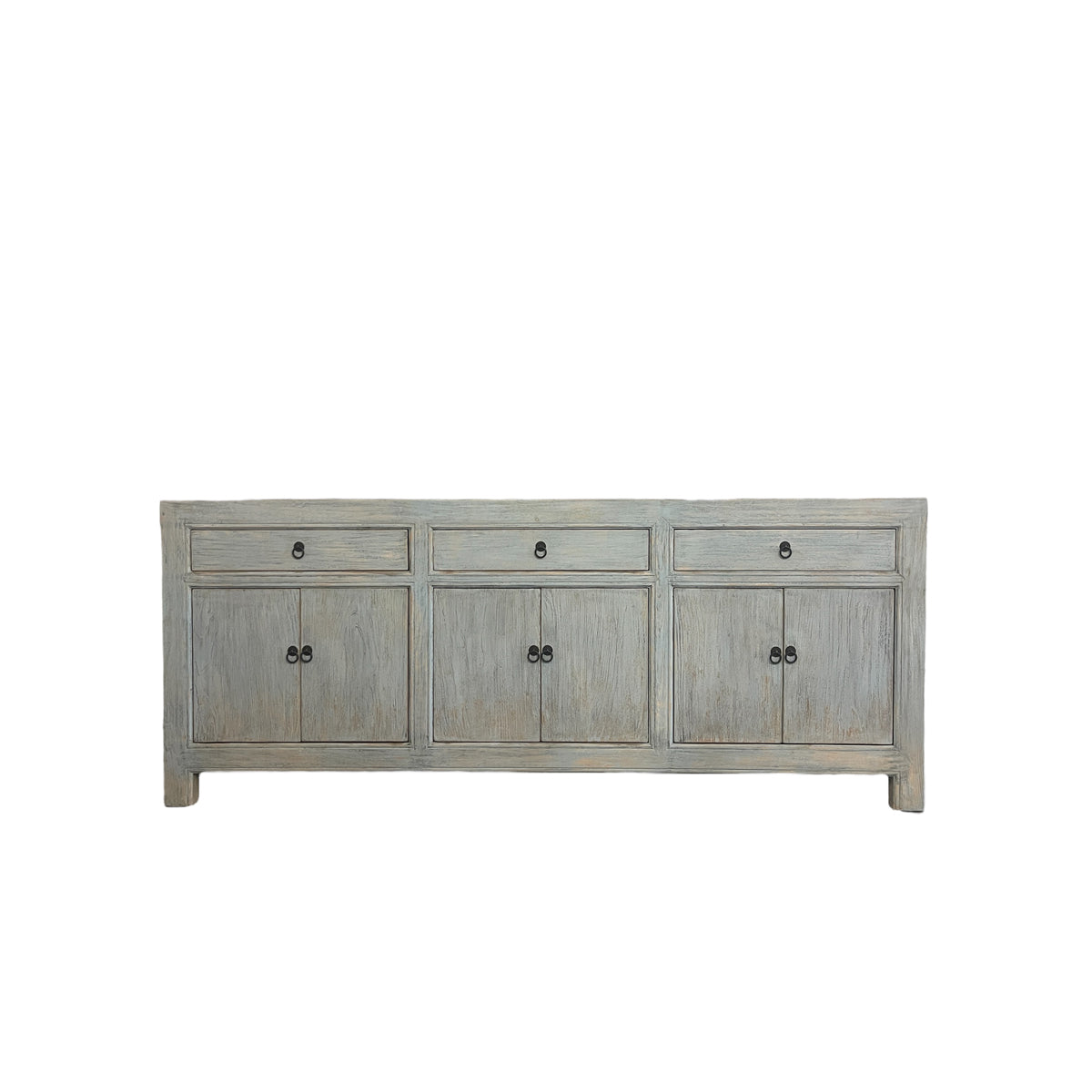 Old reclaimed pine sideboard with drawers over paneled doors in antique blue