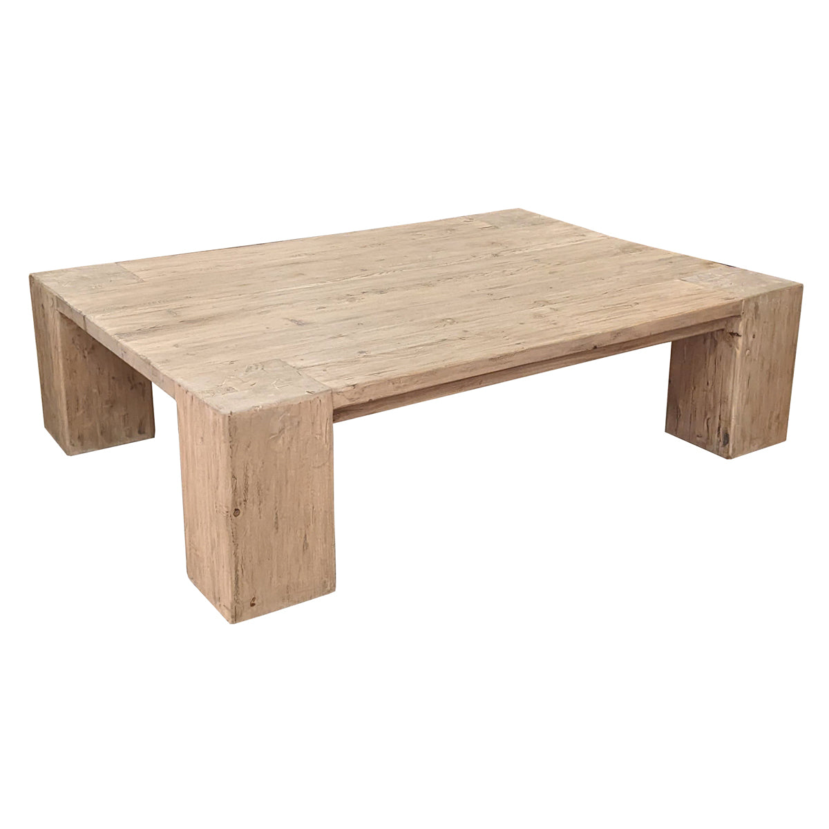 Broad reclaimed elm coffee table on chunky block legs