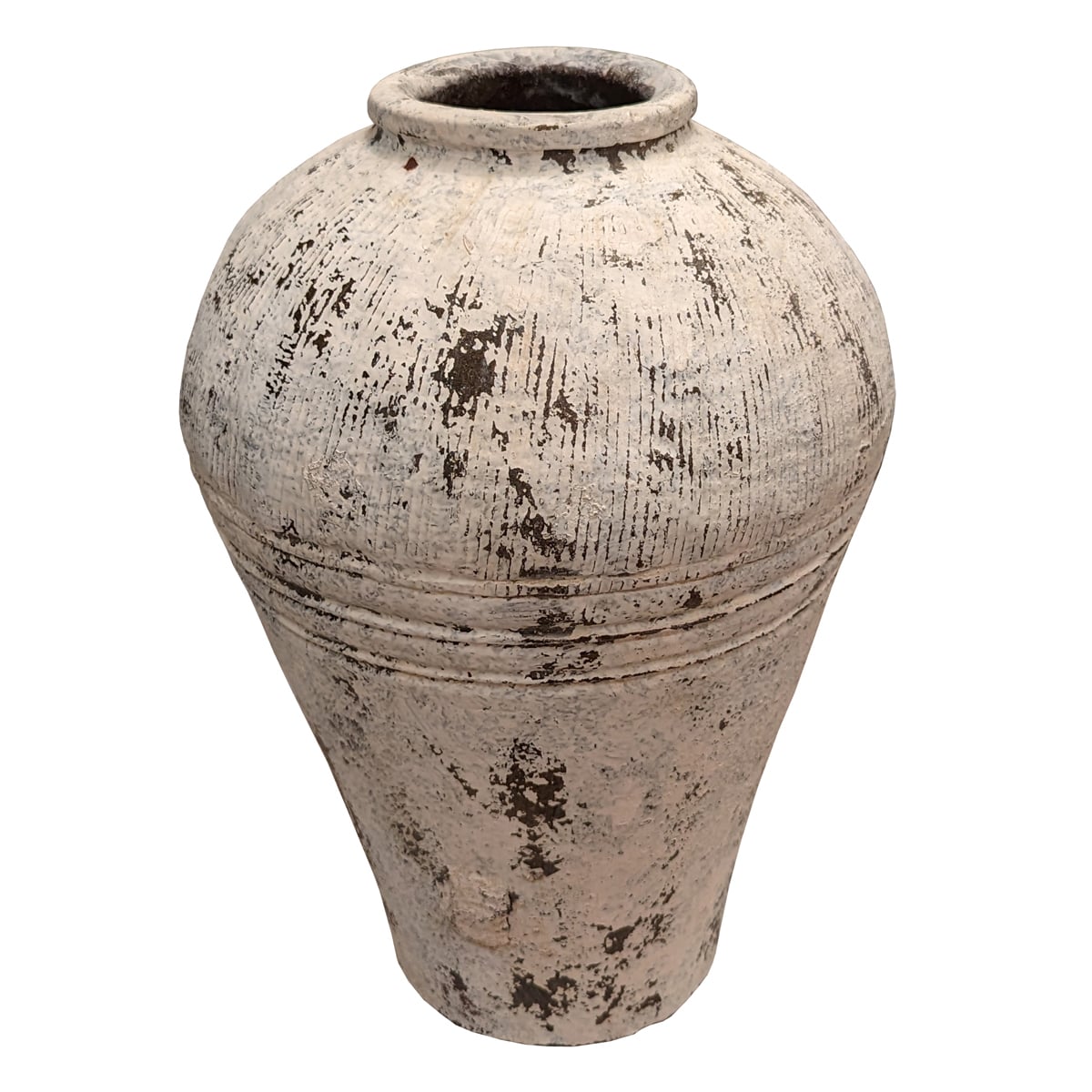 Antique ceramic pot with a rounded body and weathered surface