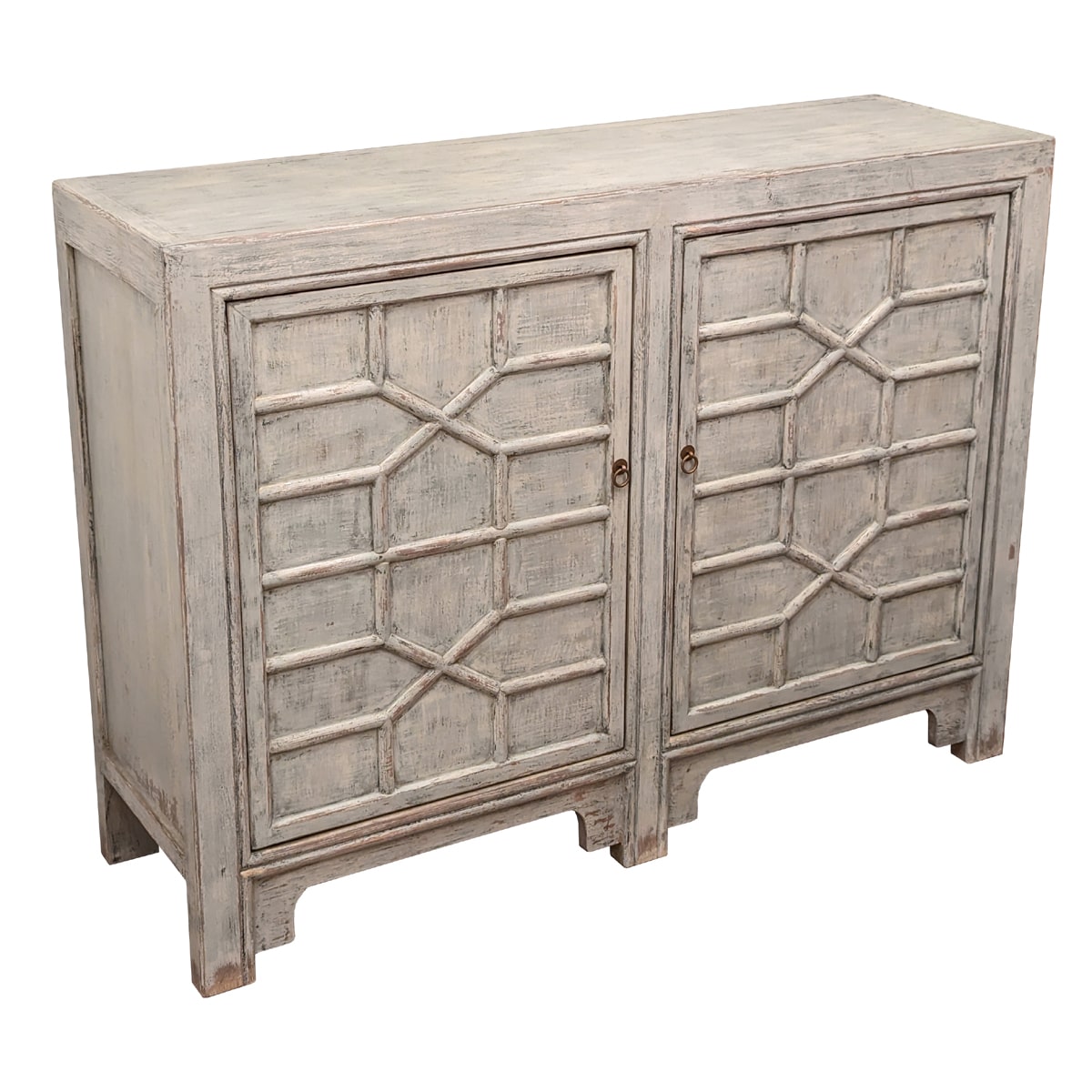 Compact reclaimed pine cabinet with lattice-patterned doors in antique blue